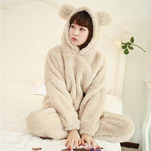 STJDM Nightgown,2 Piece Set Winter Thicken Flannel Women Pajama Sets Lovely Bear Hoodie Pyjama Femme Solid Cute Homewear Sleep Clothing XL beige