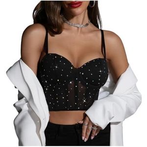 AOEGBY Sprankelende Strass Vrouwen Corset Pailletten Visgraat Onderdraad Crop Tops Corset Vrouwen Zomer Halter Slanke Overbuste Bustier Lingerie Nachtclub Clubwear Corset Belle, Zwart, L