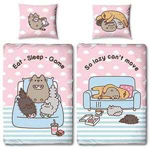 Pusheen beddengoed Eat-Sleep-Game roze / blauw 135 x 200 + 80 x 80 cm 100% katoen renforcé-linon-kwaliteit Pip Stormy Sloth Cheek Sweet Cat omkeerbaar beddengoed 2 volledige motieven met ritssluiting