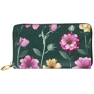 Mooie paarse bloemen dames lange portemonnee en rits portemonnee, multi-card organizer, 7,48 x 4,13 inch (ongeveer 19 x 10,5 cm), Zwart, Eén maat