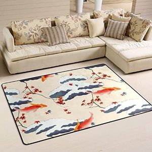 Gebied tapijten 100 x 150 cm, Japanse wolk esdoorn koi retro flanellen mat tapijt antislip kantoormatten wasbare vloermatten, voor achtertuin, slaapkamer