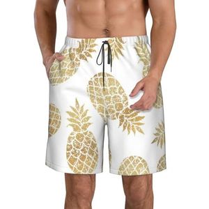 Vlinder en Zonnebloem Print Heren Zwemmen Shorts Trunks Mannen Sneldrogend Ademend Strand Surfen Zwembroek met Zakken, Gouden Ananas Achtergrond, L