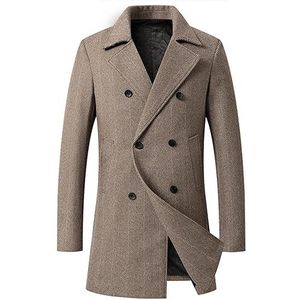 Heren Wollen Gemengde Trench Medium Lange Double-Breasted Overjas Winter Winddicht Bovenkleding (Color : Brown, Maat : Men-XXS)