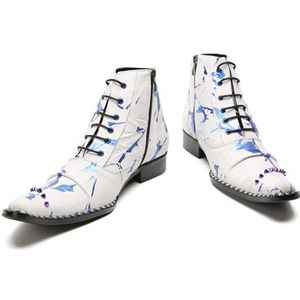 ZZveZZ Britse Retro Rood Witte Veterschoenen For Heren Met Hoge Taille, Puntige Korte Laarzen En Leren Schoenen (Color : White, Size : 48 EU)