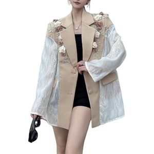 HGKPFGTG Dames Kanten Blazer met Lange Mouwen 2 Knopen Geborduurde Bloemen Lente-Zomermode Oversized Kostuumjasje,Khaki,L