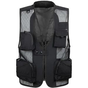 Pegsmio Mannen Mesh Baggy Mouwloos Vest Met Veel Zakken Lente Herfst Multi Pocket Jas Vest, Zwart, XL