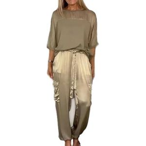 Qizaitz Soepele satijnen top en broek met halve mouwen, casual comfortabele korte mouw en lange broek satijnen tweedelige outfit, Goud, M