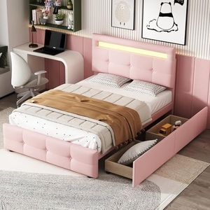 Aunvla Gestoffeerd bed 90 x 200 cm met LED-verlichting, 2 laden, huidvriendelijke linnen bekleding plat eenpersoonsbed kinderbed jeugdbed logeerbed (roze)