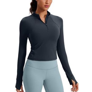 CRZ YOGA Vrouwen Butterleuse 1/2 Rits Lange Mouw Shirt Sport Pullover Crop Tops Fitness Gym Running Sweatshirt met Duimgat echte marine XS