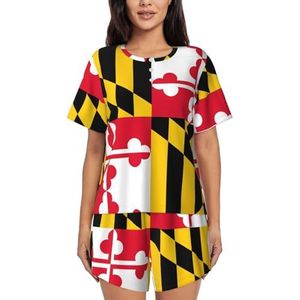 Vlag van Maryland Print Dames Zomer Zachte Tweedelige Bijpassende Outfits Korte Mouw Pyjama Lounge Pyjama Sets, Zwart, XXL