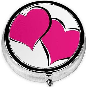 Twee Roze Harten Gedrukt Pil Organizer Pil Doos Pil Case Draagbaar voor Portemonnee Pocket Ronde Metalen Pil Houder Organizer voor Dagelijkse Geneeskunde