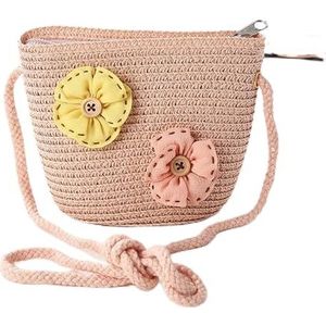 TYNXK Stro tas Leuke Kinderen Stro Schoudertassen Bloem Baby Meisjes Kleine Emmer Crossbody Tas Jongens Kids Mini Portemonnee Strand Handtassen Stro Clutch Handtas, Flowerc Roze, Eén maat