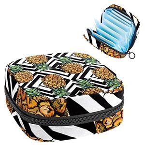 ananas comosus met strepen patroon Periode Pouch Draagbaar, Tampon opbergtas voor maandverband, Meerkleurig, 4.7x6.6x6.6 in/12x17x17 cm