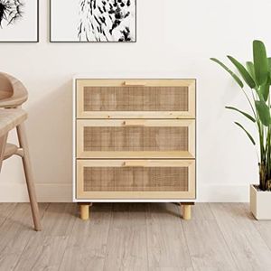 CBLDF Dressoir Wit 60x30x70 cm Massief Hout Grenen en Naturel Rotan