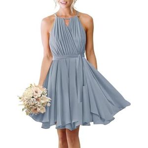 KURFACE Dames V-hals korte bruidsmeisjes jurken geplooide chiffon halter formele jurk avondjurk, Dusty Blauw, 40