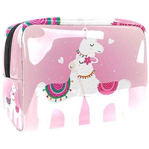 Draagbare make-up tas met rits reizen toilettas voor vrouwen handige opslag cosmetische zakje Alpaca dier paar roze