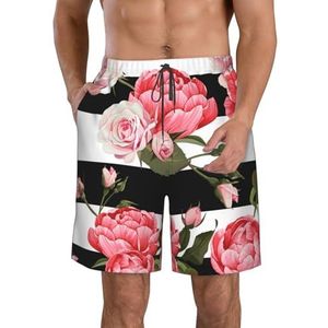 PHTZEZFC Zwart wit gestreepte bloemenprint strandshorts voor heren, zomershorts met sneldrogende technologie, lichtgewicht en casual, Wit, XL