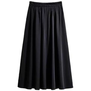 Dames lente zomer A-lijn effen plooirok losse elastische taille rok, Zwart, 8XL