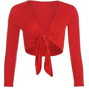 Dames lange volledige mouwen dames stretch bolero bijgesneden vest voorkant stropdas knoop schouders top crop bolero shrug maat UK 8-26, Rood, 46-48