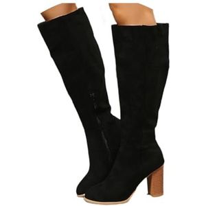 Cowboylaarzen Met Lange Schacht for Dames Westernlaarzen Met Blokhak Waterdichte Suède Hoge Laarzen Met Ritssluiting Herfstwinterschoenen for Buiten, Feest(Black,42 EU)