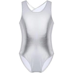 NUOYIXUAN Glanzend metallic danspak voor meisjes, gymnastiekpak, danskleding, mouwloos danspak, kostuums (zilver, 3XL)