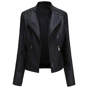 Leren jas, dames imitatieleren jas, pu leer, dames slim bikerjack, kort jasje, dun leren jas, motorkleding-zwart_XXL