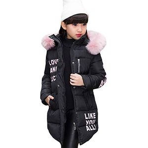 LSERVER Winterjas voor meisjes, dik, warm, halflang, jas, met capuchon, grote bontjas, lange mouwen, gevoerde parka, Zwart, 6 Jaren