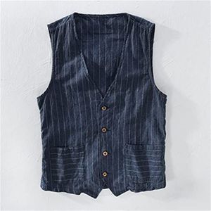 Mans Linnen pak Vest Slank Katoen Vest Mannelijk Casual Gestreept Dun Vest Vest Geschikt for Partijen en Bruiloften (Color : Deep blue, Size : XXX-large)