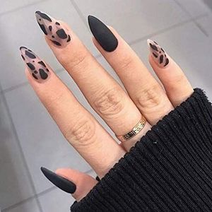 Coffin False Nails Black Leopard Fake Nails Pointed Ballerina Acrylic Press on Nails Full Cover Stick on Nails 24pcs for Women and Girls