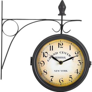 Stagecaptain BHU-4543 BK Vintage Grote Stationsklok met Wandhouder - Geschikt voor Binnengebruik - Dubbelzijdig - Retro Metalen Constructie - Diameter Wijzerplaat: 25 cm - Extra Stil - Zwart
