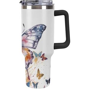 FHESDCW Aquarel Vlinder Grote Capaciteit Auto Cup 40oz RVS Tumbler met Handvat Geïsoleerde Water Fles met Rietje En Deksel Gedrukt Mokken Past in Auto Bekerhouder