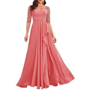 Dames chiffon moeder van de bruid jurk voor bruiloft met split galajurken cocktailjurk plus size, Koraal, 32