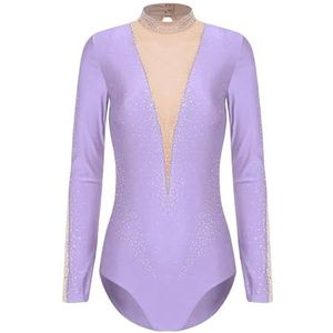 NUOYIXUAN Gymnastiekoverall voor dames, balletdansshirt met doorzichtige mesh, patchwork, bodysuit met lange mouwen, voor dames, yoga, kunstschaats-overall (lichtpaars, M)