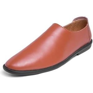 Loafers for heren Ronde neus Effen kleur Kunstleer Loafer Schoenen Flexibele platte hak Antislip Bruiloftsmode instappers (Color : Brown, Size : 43 EU)