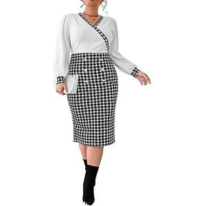 voor vrouwen jurk Plus pied-de-poule-jurk met contrasterende bies en split aan de achterkant (Color : Black and White, Size : XXL)