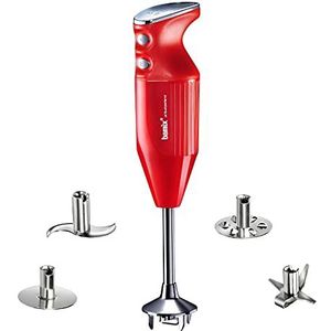 bamix Staafmixer set M350 MAXX incl. multifunctioneel mes, Vlees-, Groentemes, Gaatjesschijf, Gladde schijf van roestvrij staal, 350 Watt, 2 standen, Made in Switzerland, Rood/chroom