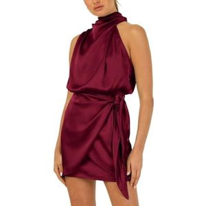 Lewey Modieuze satijnen jurk met halternek en riem | Stijlvolle en elegante mini-jurk, Bordeaux, L