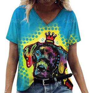 keepmore Dames T-shirt 3D Dieren Hond Gedrukt Oversized Blouse Vrouwen Trending Kleding Mode Korte Mouw V-hals Tops, # 3, 5XL