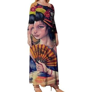 Mooie Japanse Geisha Grafische Plus Size Jurk Voor Vrouwen Casual Lange Mouwen Maxi Jurken