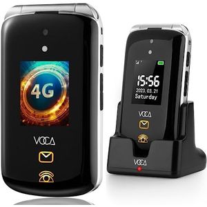VOCA Grote knop fliptelefoon, Dubbel scherm, Ontgrendeld 4G, Luid volume, SOS-knop, Hoortoestellen compatibel, Oplaaddock, Voorspellende tekst, V543 (Zwart)