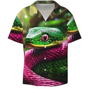 OdDdot Groene slangenprint heren button down shirt korte mouw casual shirt voor mannen zomer business casual overhemd, Zwart, XL