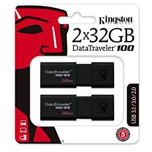 Kingston DT100G3/32GB-2P DataTraveler 100 G3 USB 3.0 USB Flash Drives, 32 GB, zwart, 2 stuks