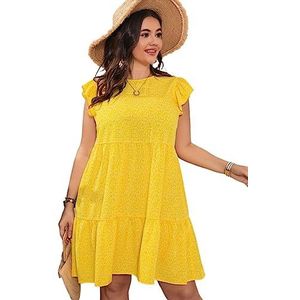 voor vrouwen jurk Plus Gesmokte jurk met allover plantenprint en ruches aan de zoom (Color : Yellow, Size : 0XL)