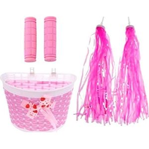Kinderfietsmand voor meisjes, voorfietsaccessoires met roze fietsstreamer, handvathandschoenen, set van 5