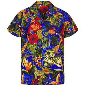 V.H.O. Funky hawaïhemd voor heren, korte mouwen, borstzak, met hawaïprint, jungle, dieren, bloemen, Jungle blue, 4XL