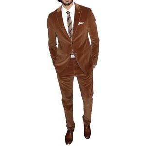 Heren 2-delig fluwelen pak met inkeping revers slim fit prom smoking pak blazer feest diner fluwelen jas en broek, Bruin, XS