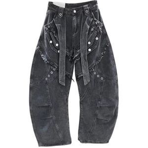 QOUERUUE Dames Barrel Jeans Mid Waist Raw Edges Vintage Hoefijzer Denim Broek Y2k Baggy Boyfriend Jeans,Grijs,L