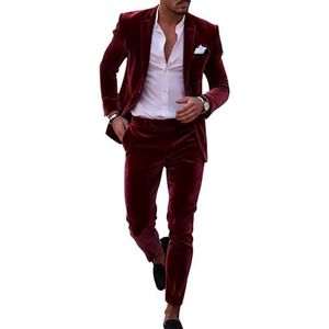 Heren Fluwelen Pak Set Smoking 2 Stuk Chirstmas Platte Fleece Jas En Broek Prom Bruiloft Party Winter, Bordeaux, S