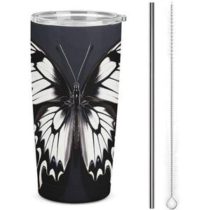 AQRJLPM Zwart wit vlinder auto beker roestvrij staal beker met rietje en deksels lekvrij geïsoleerde roestvrij staal reizen koffiemok pobtable voor koude warme dranken camping