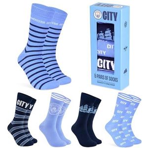 Manchester City FC Herensokken, 5 stuks crewsokken voor mannen, tieners, zacht, ademend, maat 8-13, stadsgeschenken voor hem, Blauw, one size